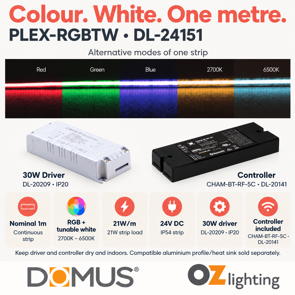 Domus PLEX-RGBTW 1m RGB + tunable white, 2700K–6500K LED strip and driver bundle — product details