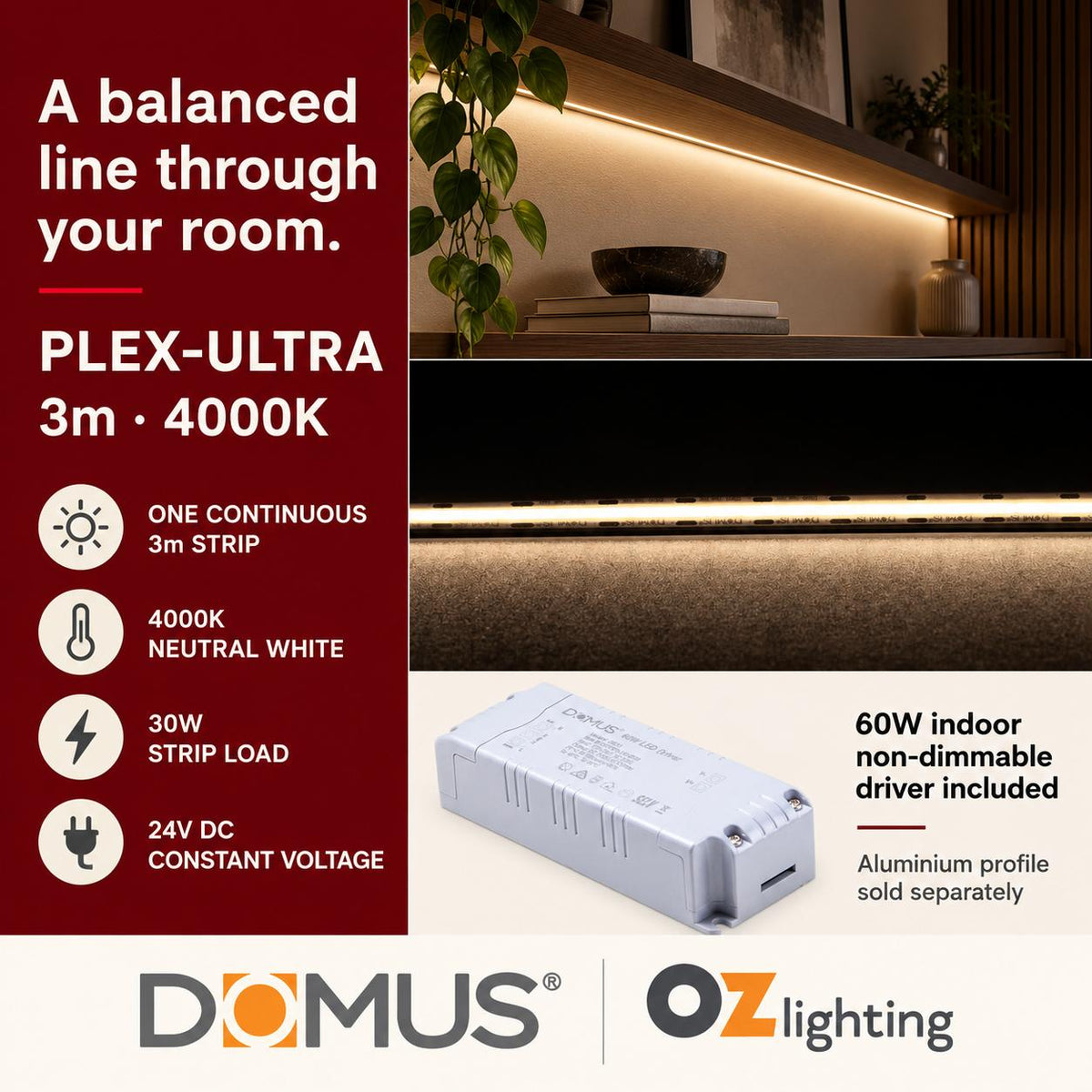 Domus PLEX-ULTRA 3m 4000K LED strip and driver bundle — hero