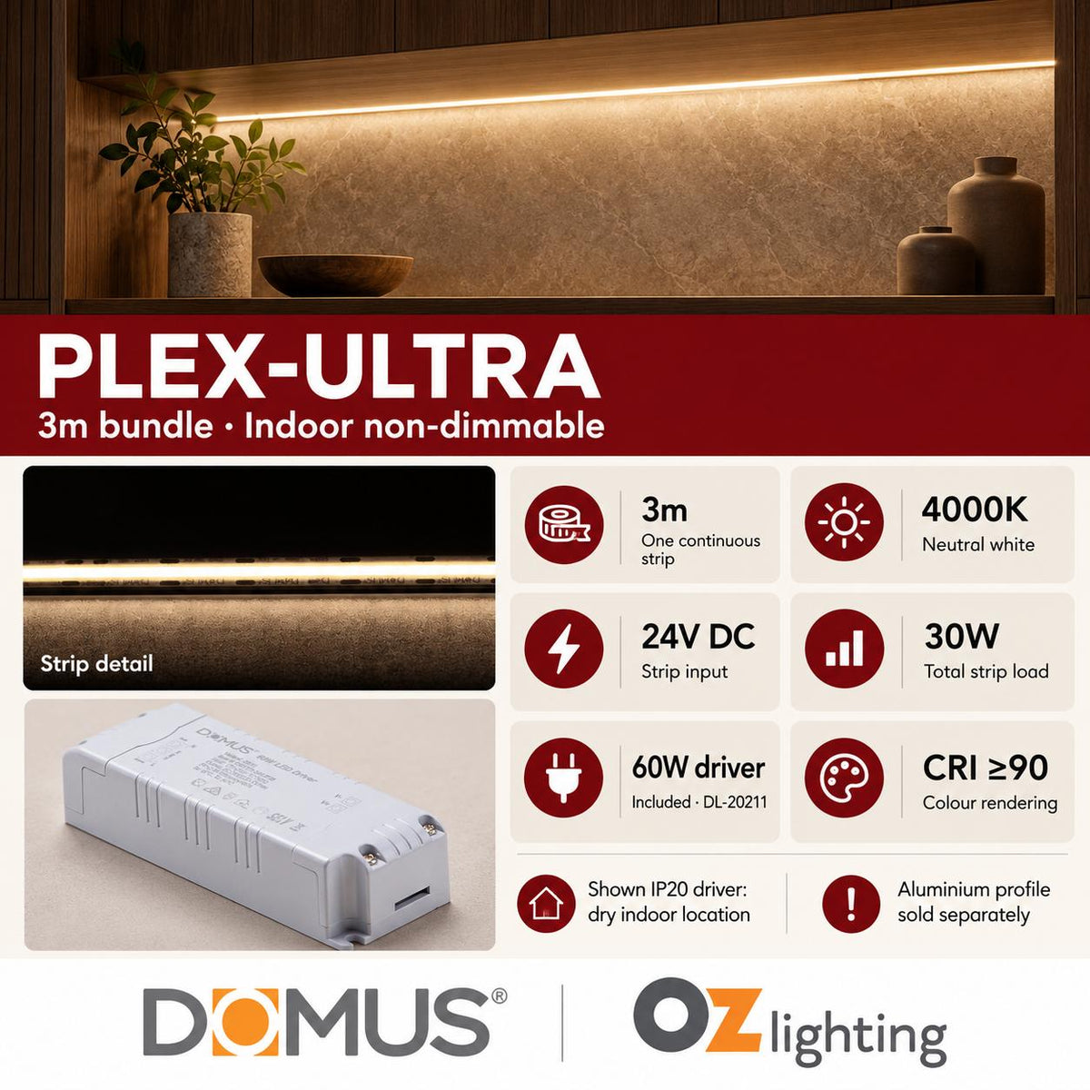 Domus PLEX-ULTRA 3m 4000K LED strip and driver bundle — product details