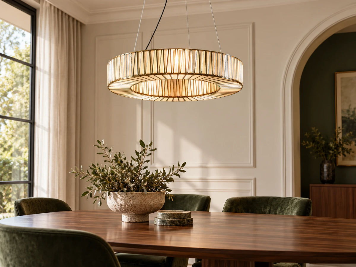 Art Deco dining room with an Emac and Lawton WHITE-MOON brass and glass ring pendant