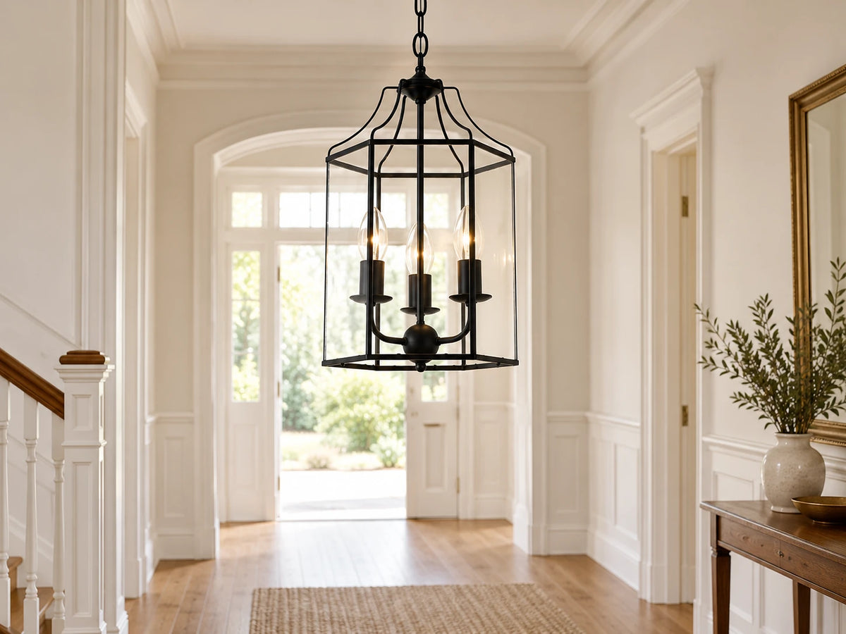 Traditional entrance hall with a black three-light Cougar ARCADIA lantern pendant
