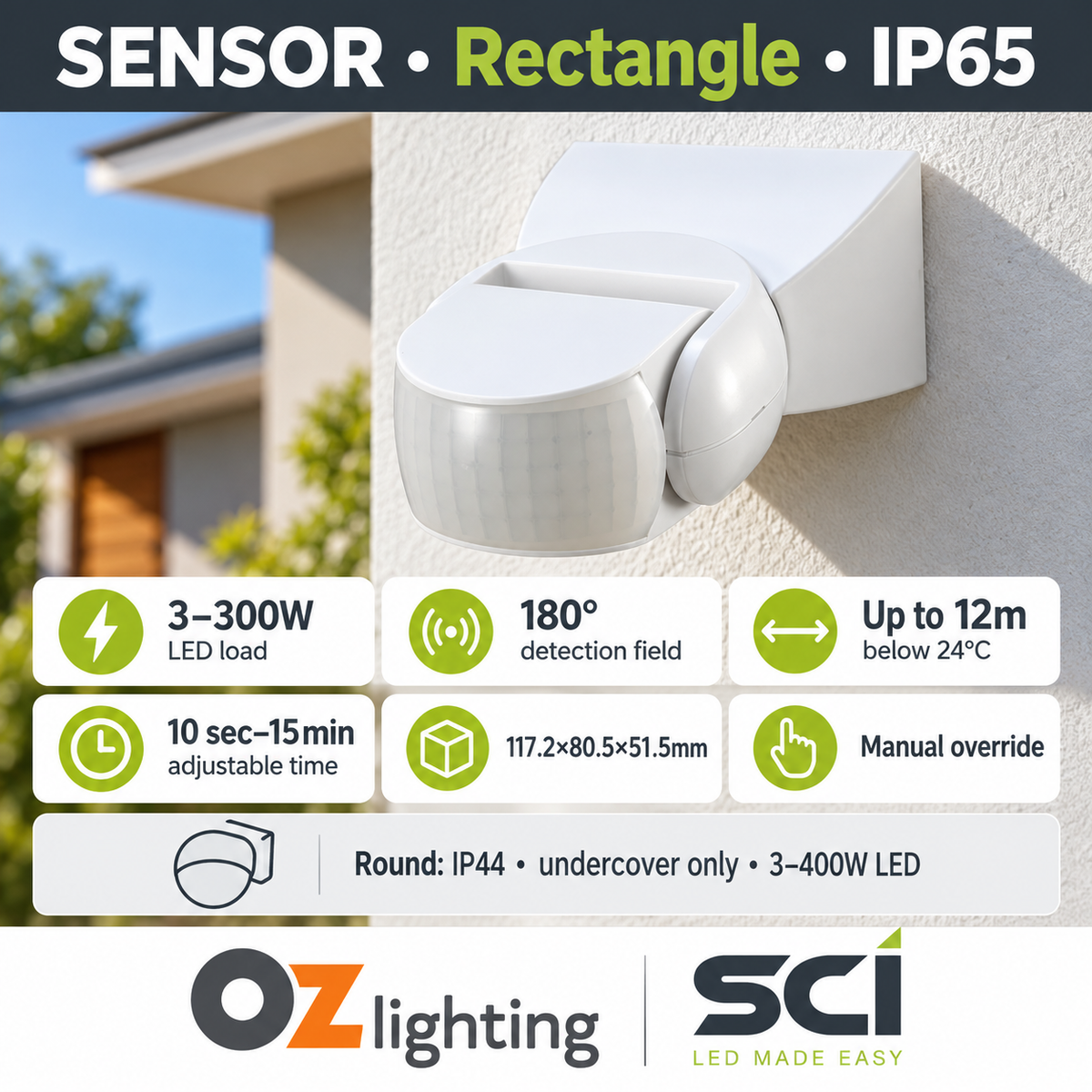 SENSOR Rectangle PIR,White,IP65 /3–300W LED, SC-SCI-2713 — genuine product photograph and verified specification cards