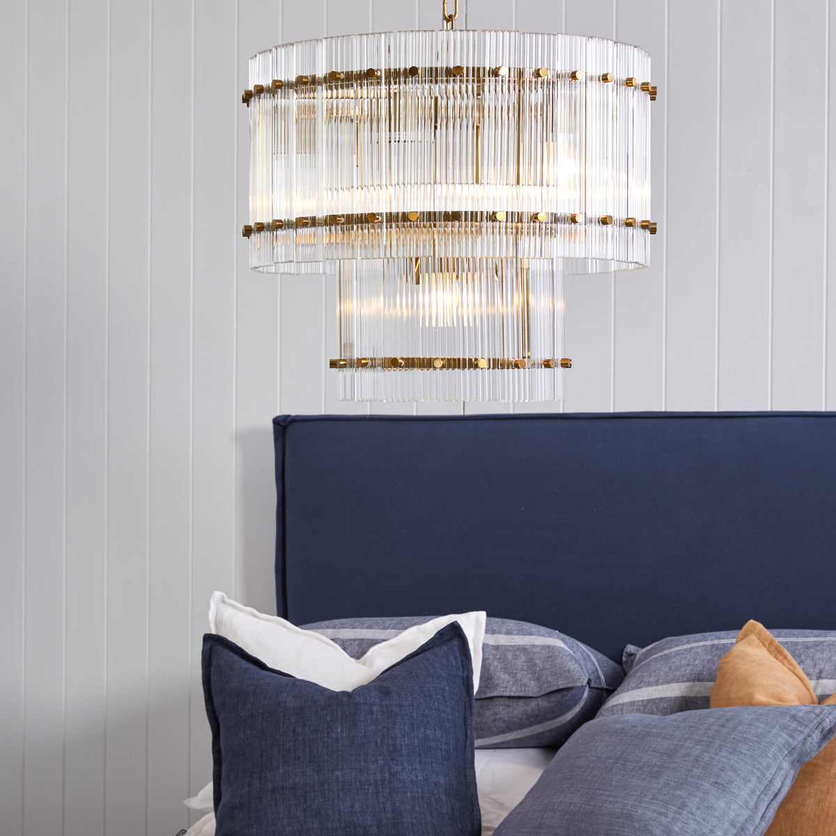 Cafe Lighting PALOMA Pendant - 9 Light 56cm Reeded Clear Glass Panel 2-Tier, Brass-Cafe Lighting-Ozlighting.com.au