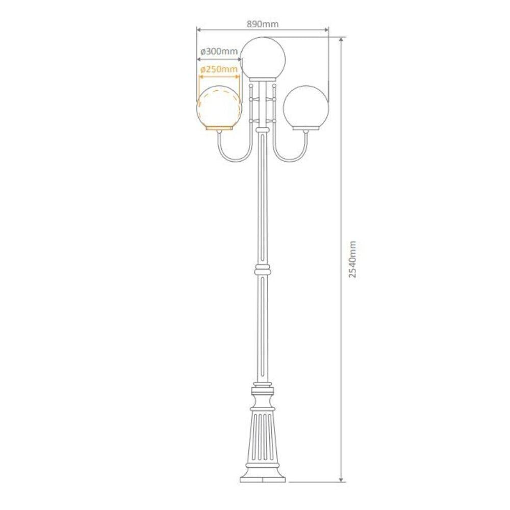Domus GT-622 Lisbon - Triple 25cm Spheres Curved Arms Tall Post Light-Domus Lighting-Ozlighting.com.au