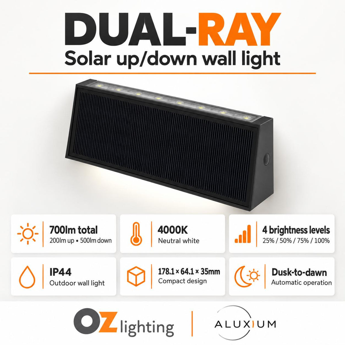 Aluxium DUAL-RAY Wall Light - 4000K, IP44, Up/Down, Solar-Aluxium-Ozlighting.com.au