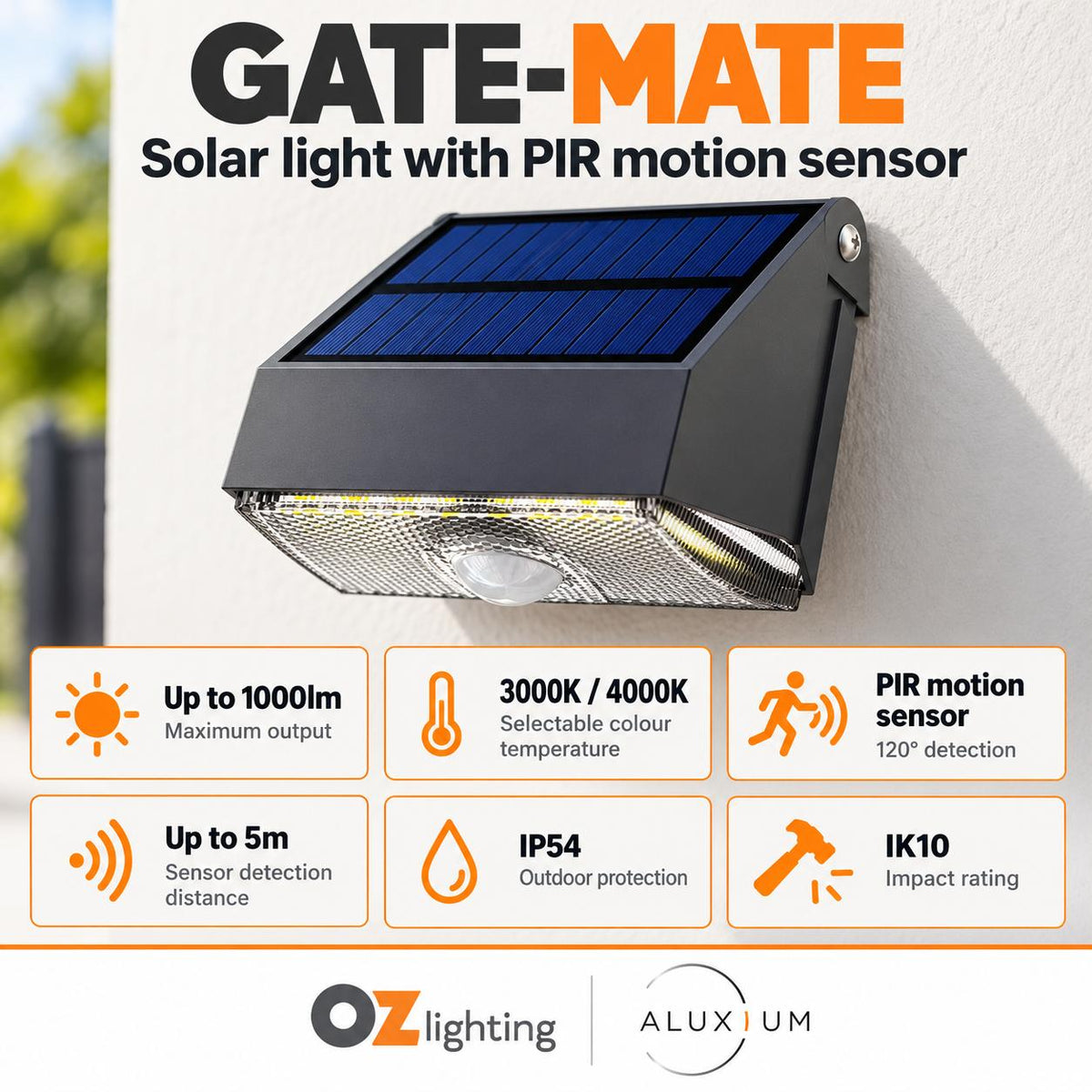 Aluxium GATE-MATE Solar Light - PIR Motion Sensor, CCT Adjustable, IP54-Aluxium-Ozlighting.com.au