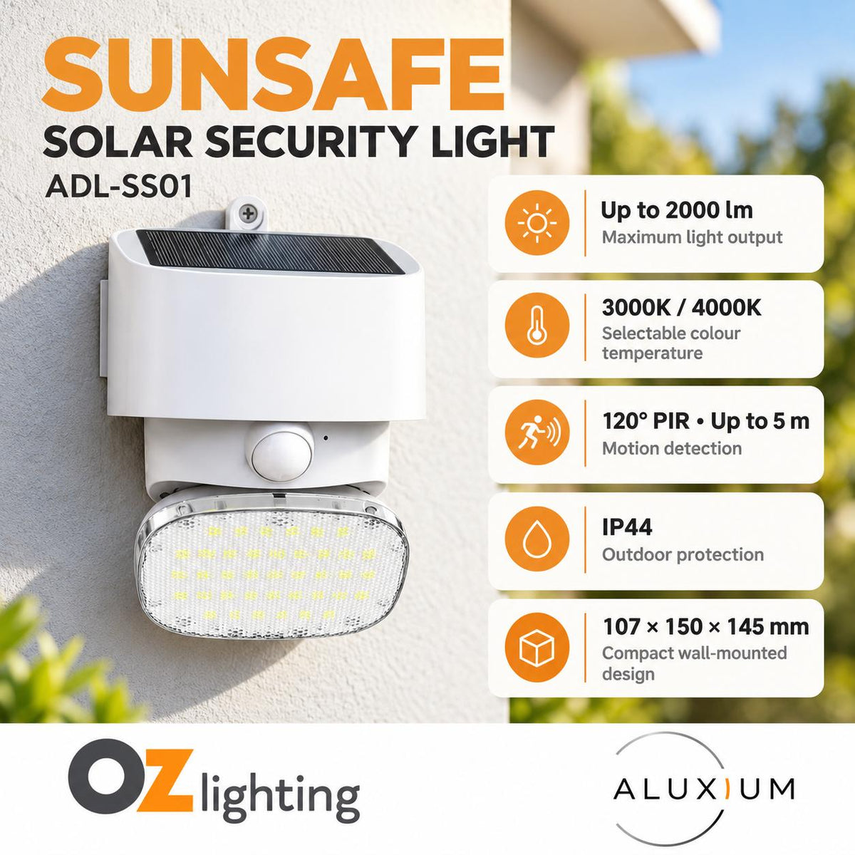 Aluxium SUNSAFE Security Light - CCT, IP44, Solar, Motion Sensor, Adjustable-Aluxium-Ozlighting.com.au