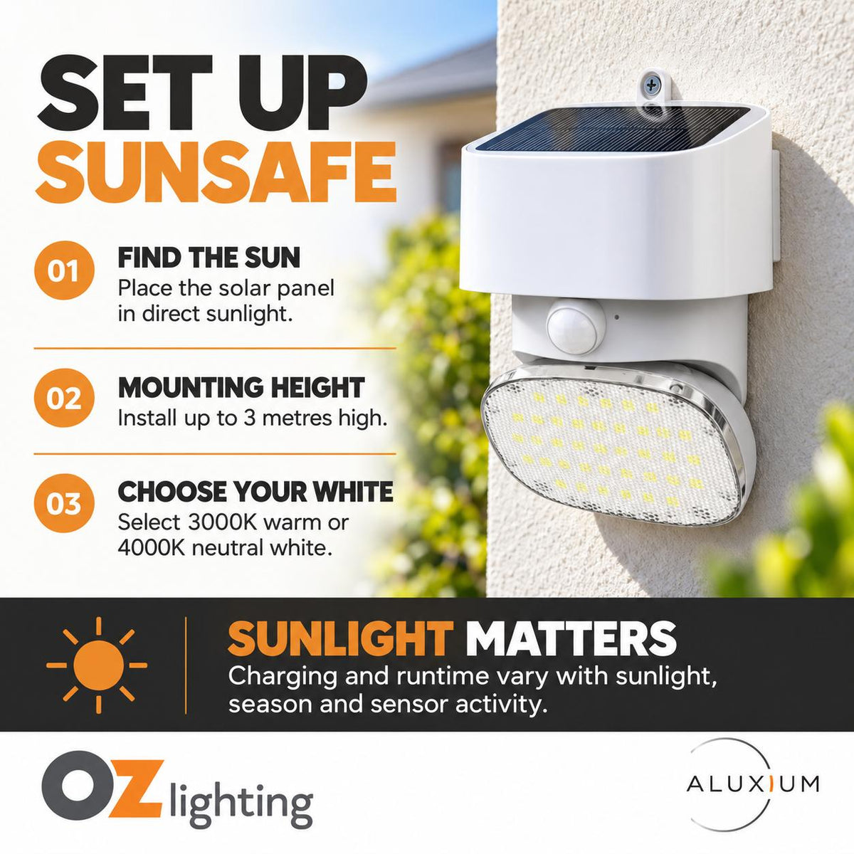Aluxium SUNSAFE Security Light - CCT, IP44, Solar, Motion Sensor, Adjustable-Aluxium-Ozlighting.com.au