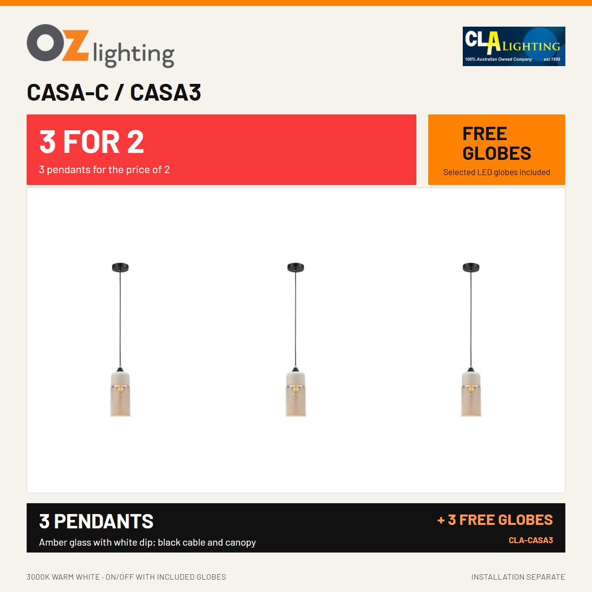 CLA CASA-C - 1 Light Pendant — 3 Pendants for the Price of 2 + 3 FREE LED Globes-CLA Lighting-Ozlighting.com.au