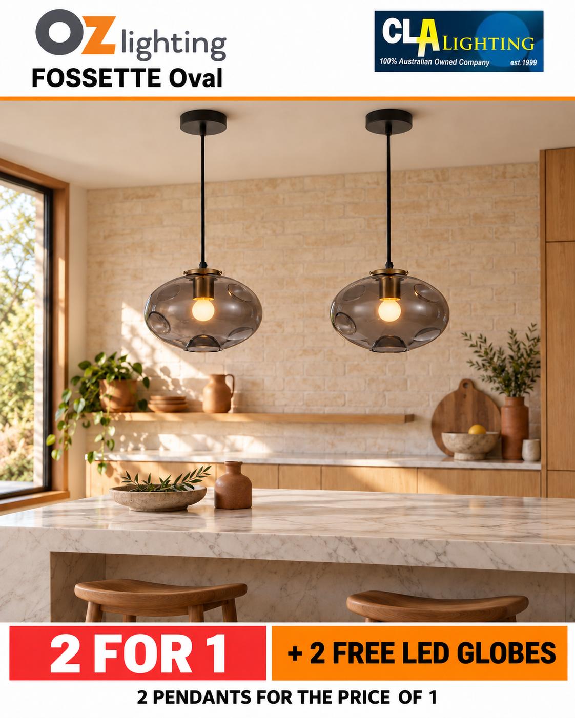 CLA FOSSETTE - 1 Light Pendant - Oval — 2 Pendants for the Price of 1 + 2 FREE LED Globes-CLA Lighting-Ozlighting.com.au