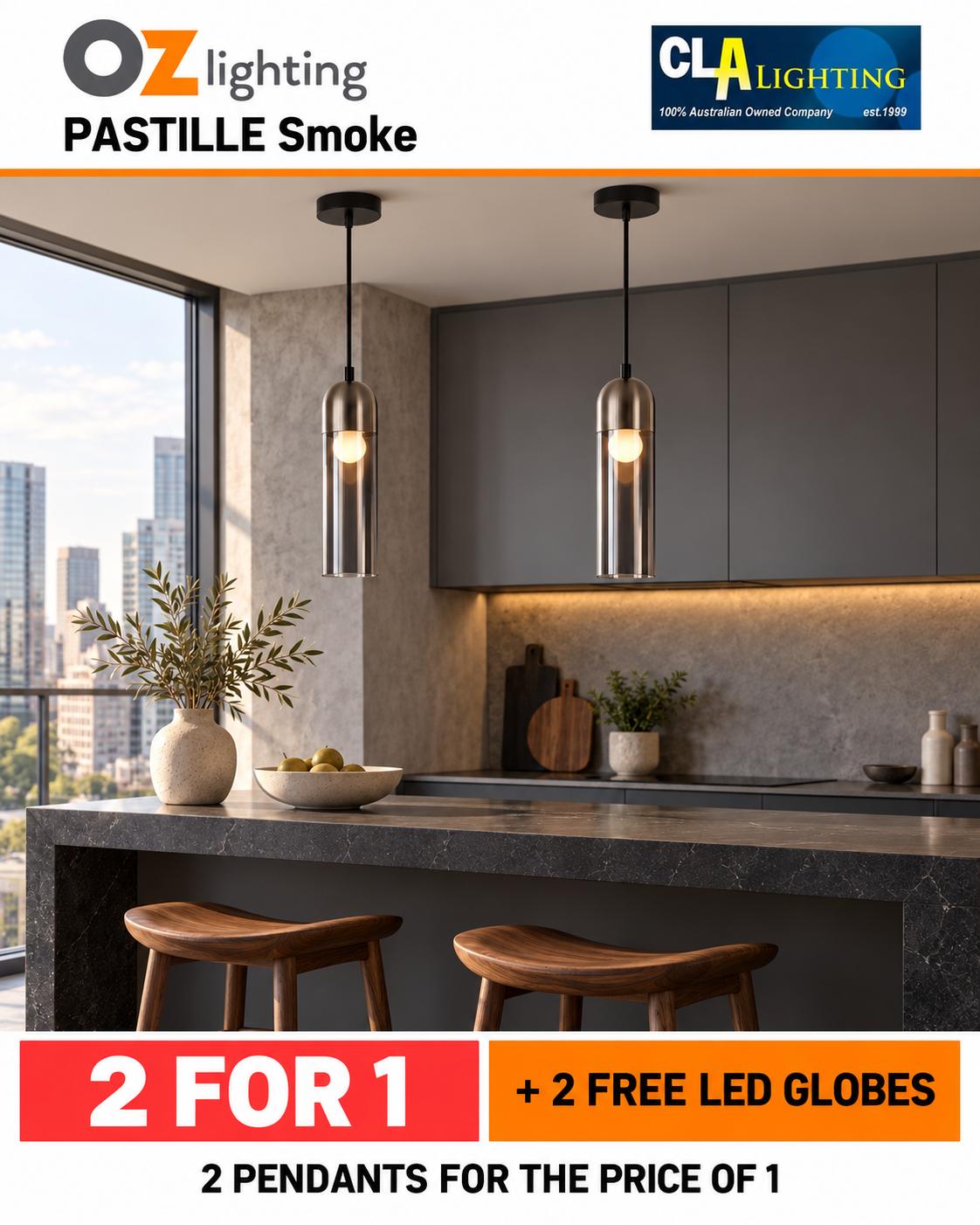 CLA PASTILLE - 1 Light Pendant - Smoke Glass — 2 Pendants for the Price of 1 + 2 FREE LED Globes-CLA Lighting-Ozlighting.com.au