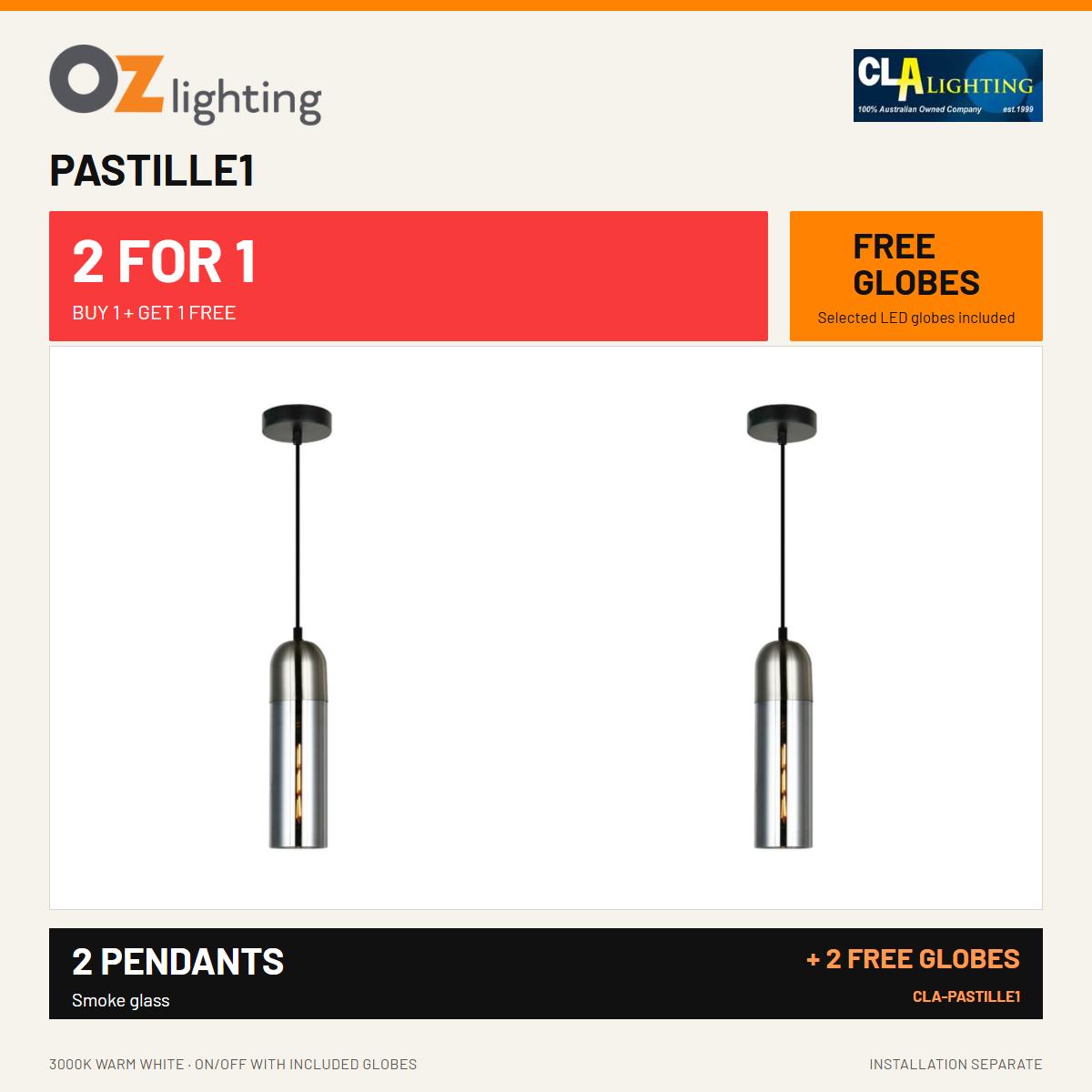 CLA PASTILLE - 1 Light Pendant - Smoke Glass — 2 Pendants for the Price of 1 + 2 FREE LED Globes-CLA Lighting-Ozlighting.com.au