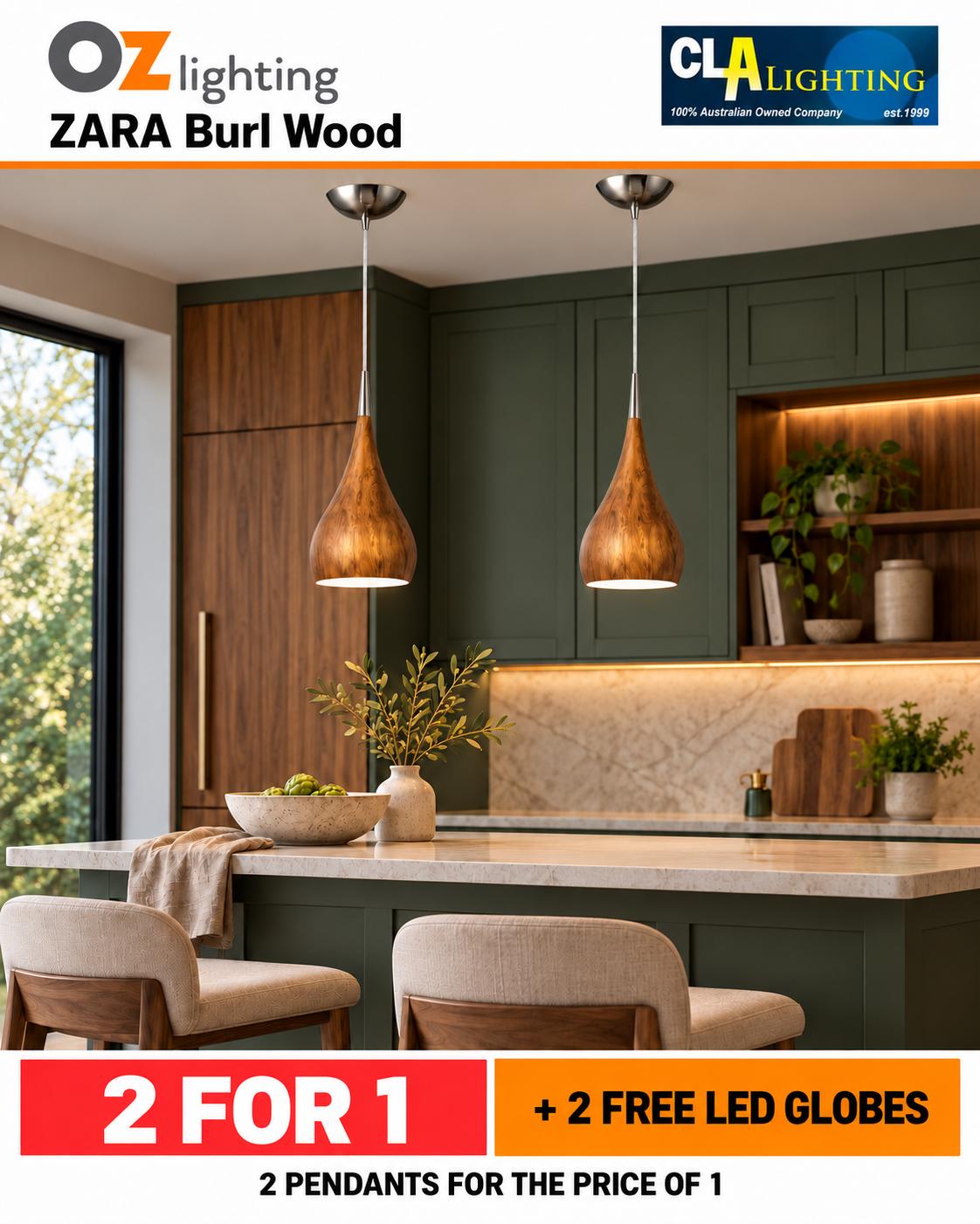 CLA ZARA - 1 Light Metal Dome Pendant - 160mm / Burl Wood — 2 Pendants for the Price of 1 + 2 FREE LED Globes-CLA Lighting-Ozlighting.com.au