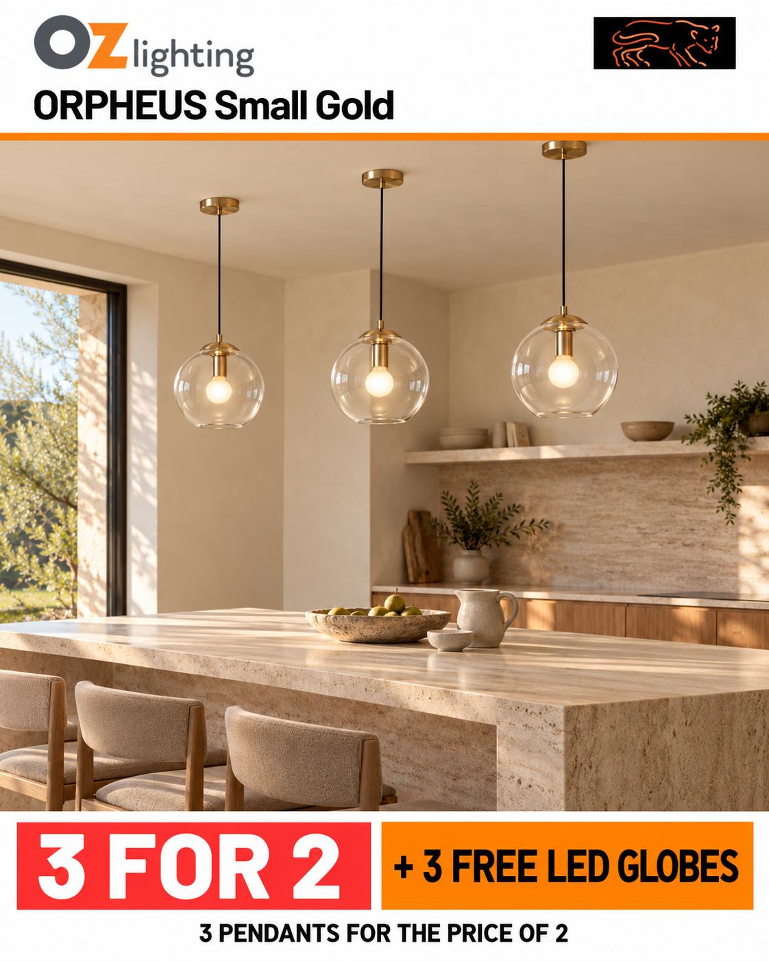Cougar ORPHEUS - 1 Light Gold Glass Orb Pendant Small — 3 Pendants for the Price of 2 + 3 FREE LED Globes-Cougar Lighting-Ozlighting.com.au
