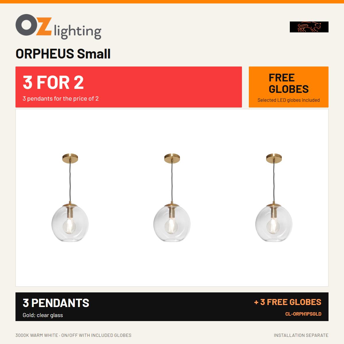 Cougar ORPHEUS - 1 Light Gold Glass Orb Pendant Small — 3 Pendants for the Price of 2 + 3 FREE LED Globes-Cougar Lighting-Ozlighting.com.au
