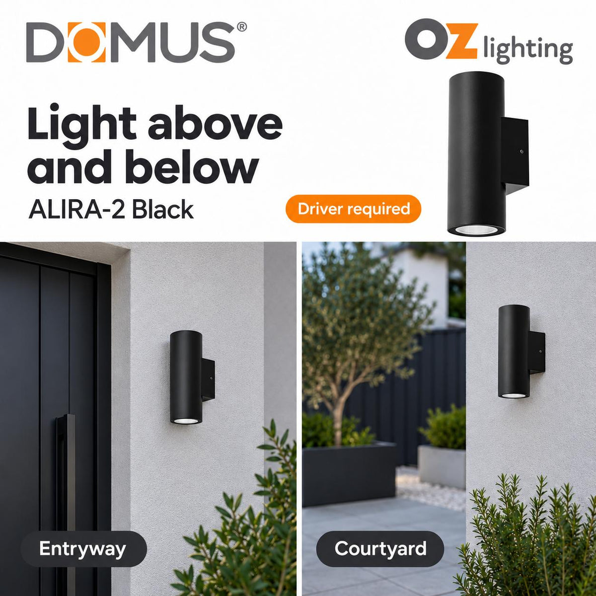Domus ALIRA-2 Up/Down Wall Light - 24V DC, IP65 - DRIVER REQUIRED-Domus Lighting-Ozlighting.com.au