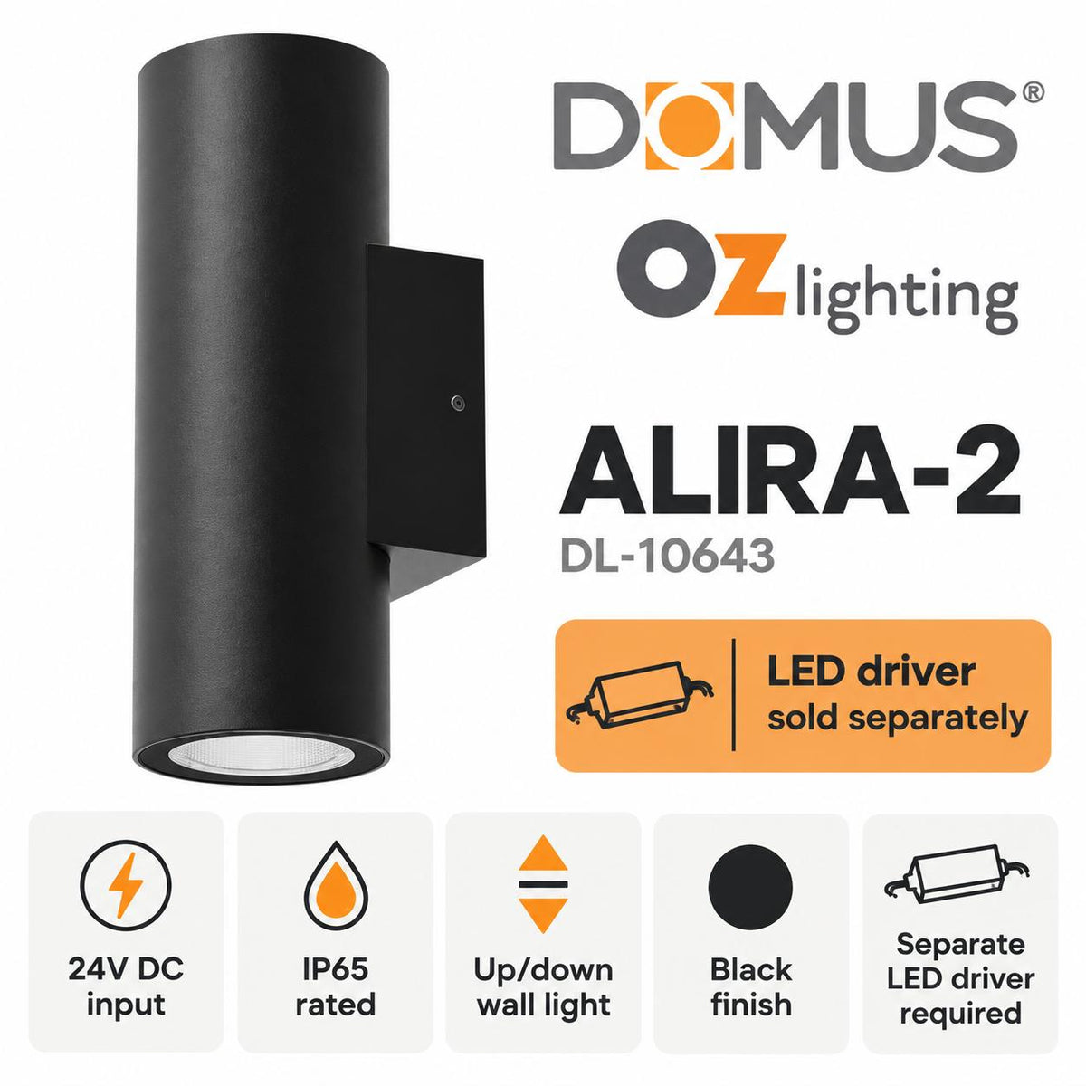 Domus ALIRA-2 Up/Down Wall Light - 24V DC, IP65 - DRIVER REQUIRED-Domus Lighting-Ozlighting.com.au