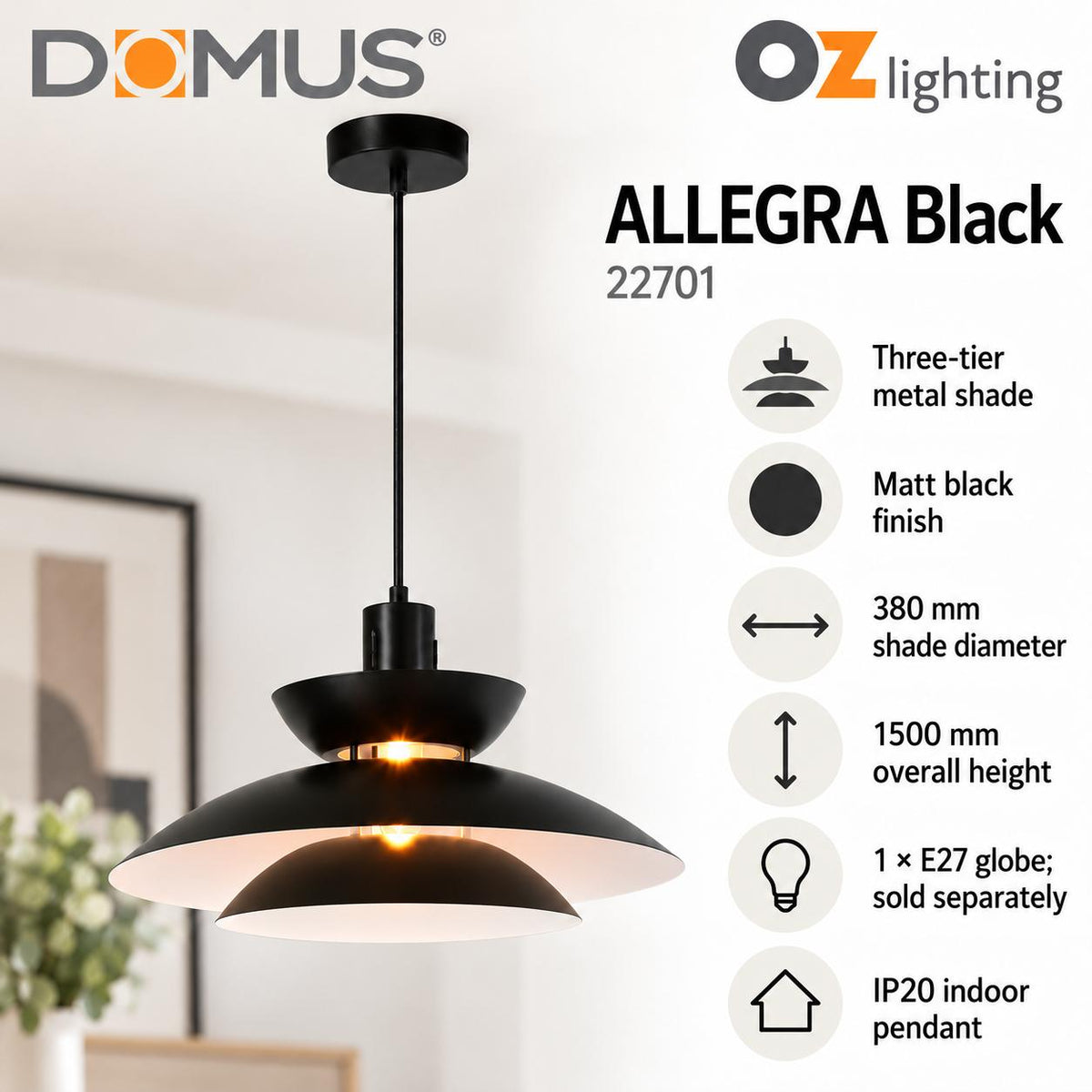 Domus ALLEGRA-PDT Pendant - 1 Light-Domus Lighting-Ozlighting.com.au