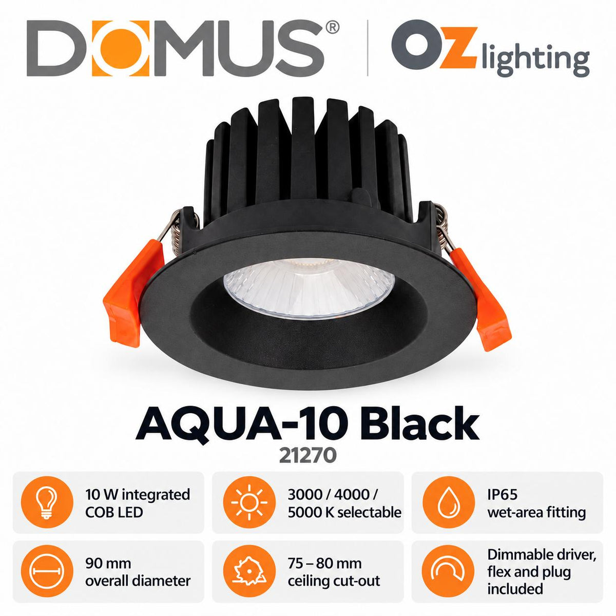 Domus AQUA-10-TRIO LED Downlight - 10W, Tri-Colour, Dimmable, IP65, Deep Face-Domus Lighting-Ozlighting.com.au