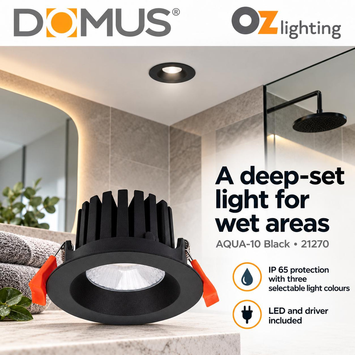 Domus AQUA-10-TRIO LED Downlight - 10W, Tri-Colour, Dimmable, IP65, Deep Face-Domus Lighting-Ozlighting.com.au