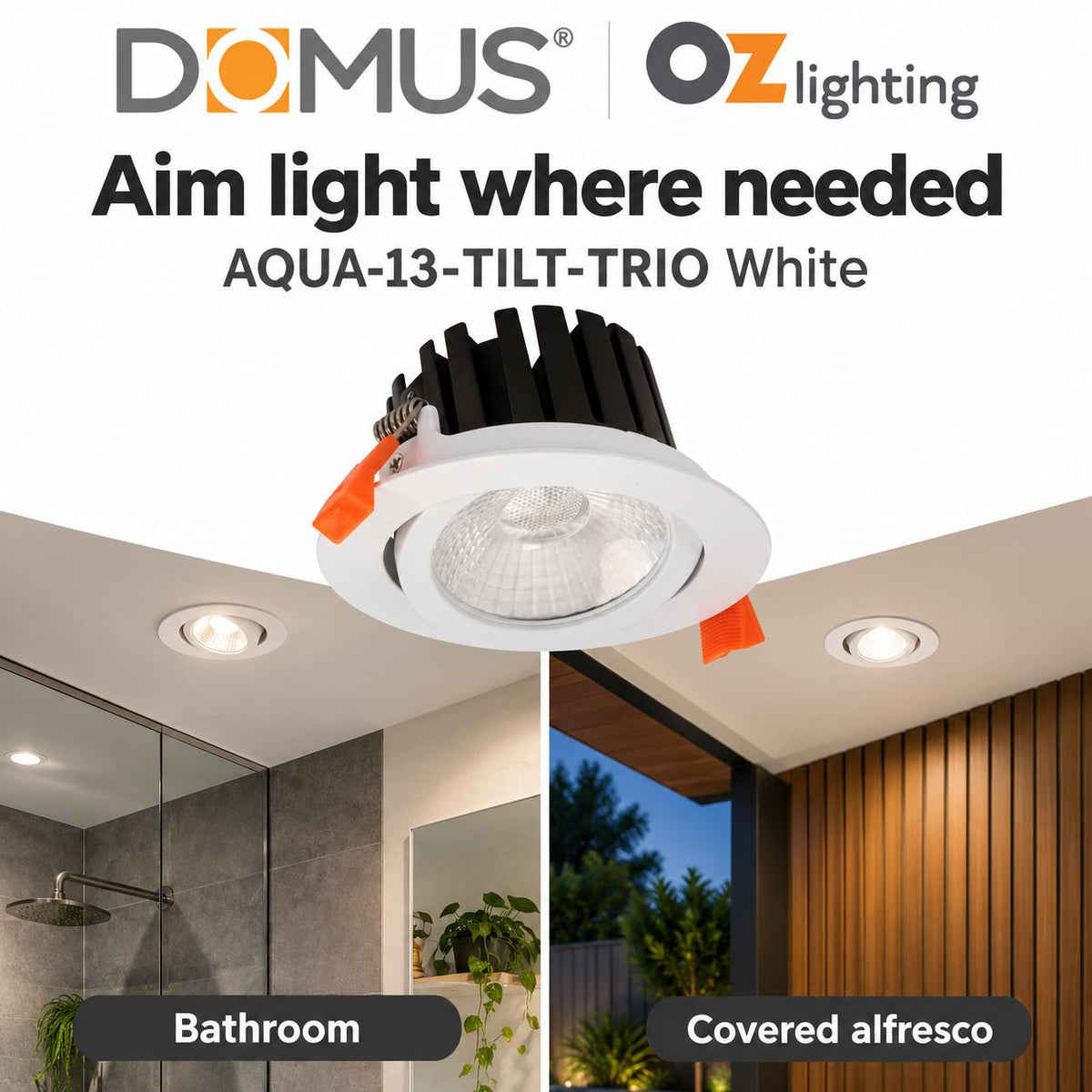 Domus AQUA-13-TILT-TRIO LED Downlight - 13W, Tri-Colour, Dimmable, IP65, Deep Face-Domus Lighting-Ozlighting.com.au
