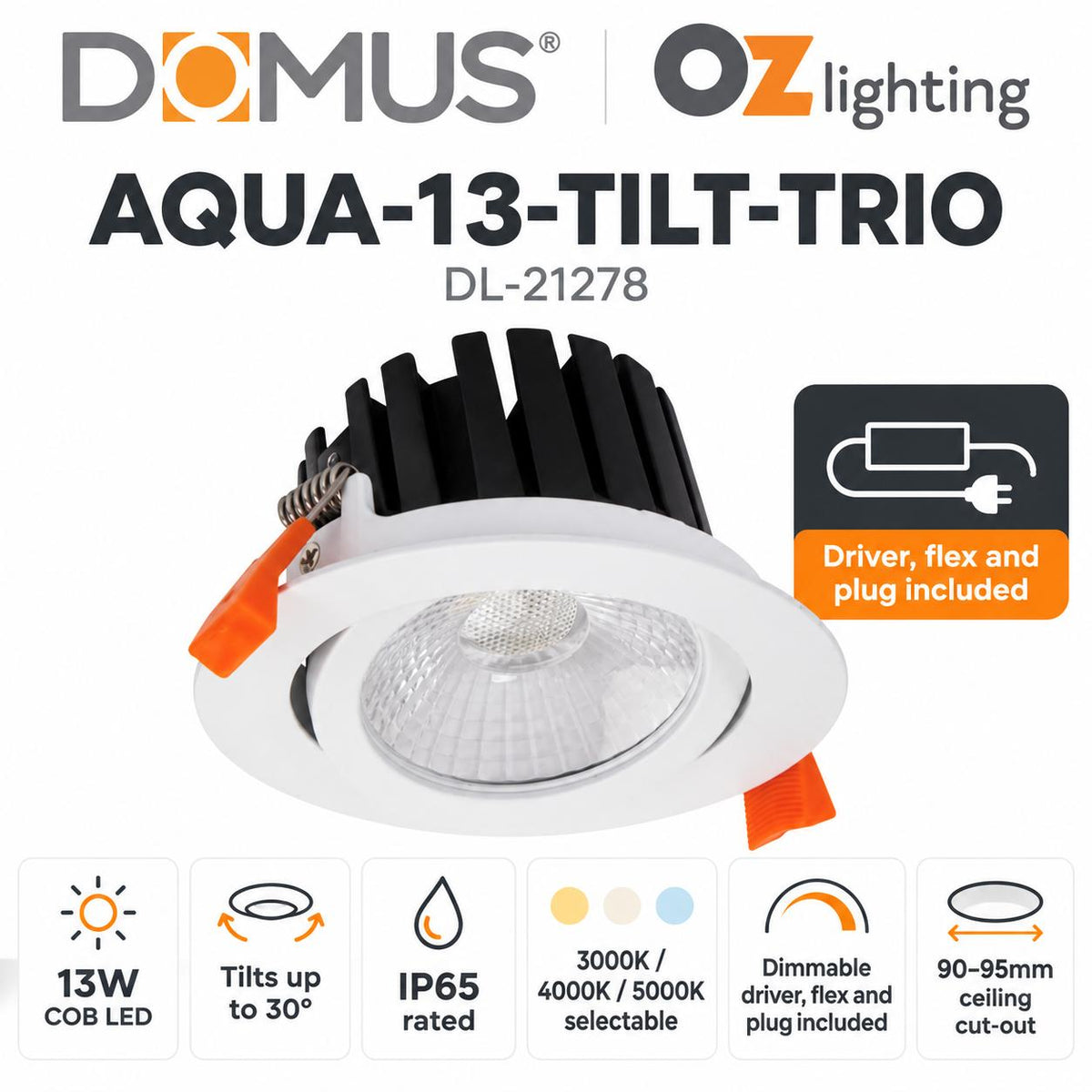 Domus AQUA-13-TILT-TRIO LED Downlight - 13W, Tri-Colour, Dimmable, IP65, Deep Face-Domus Lighting-Ozlighting.com.au