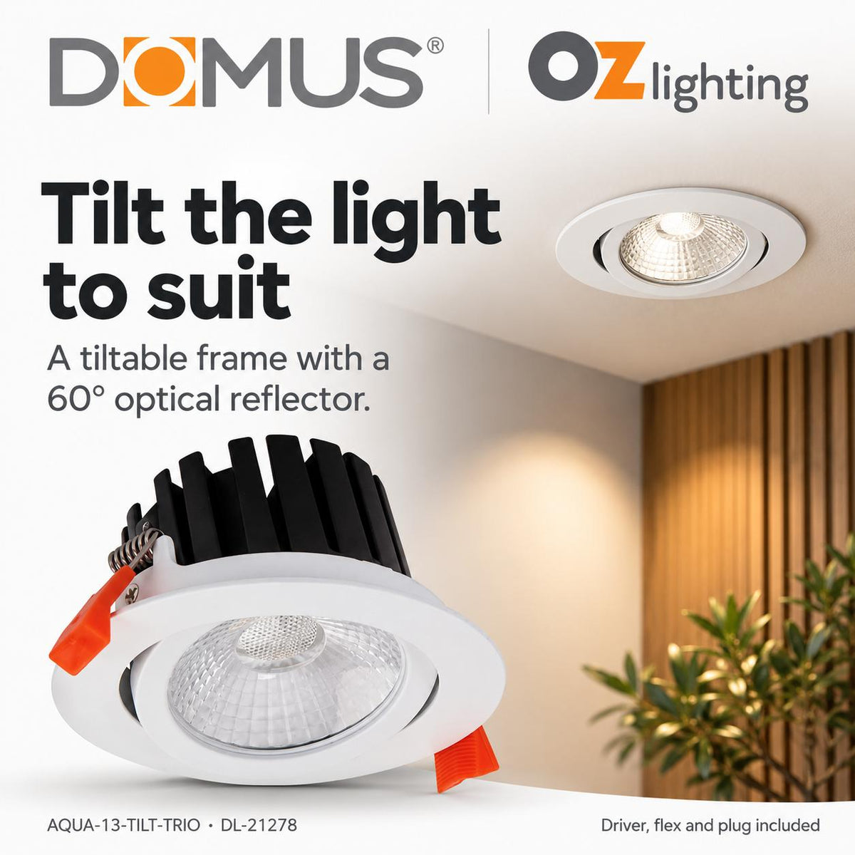 Domus AQUA-13-TILT-TRIO LED Downlight - 13W, Tri-Colour, Dimmable, IP65, Deep Face-Domus Lighting-Ozlighting.com.au