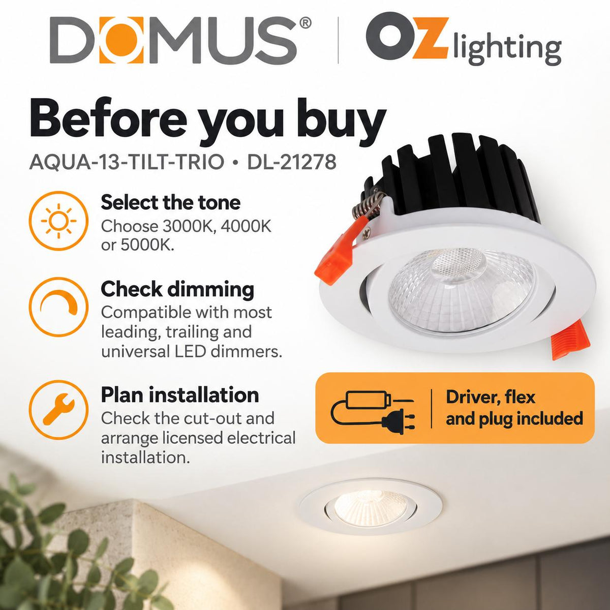 Domus AQUA-13-TILT-TRIO LED Downlight - 13W, Tri-Colour, Dimmable, IP65, Deep Face-Domus Lighting-Ozlighting.com.au