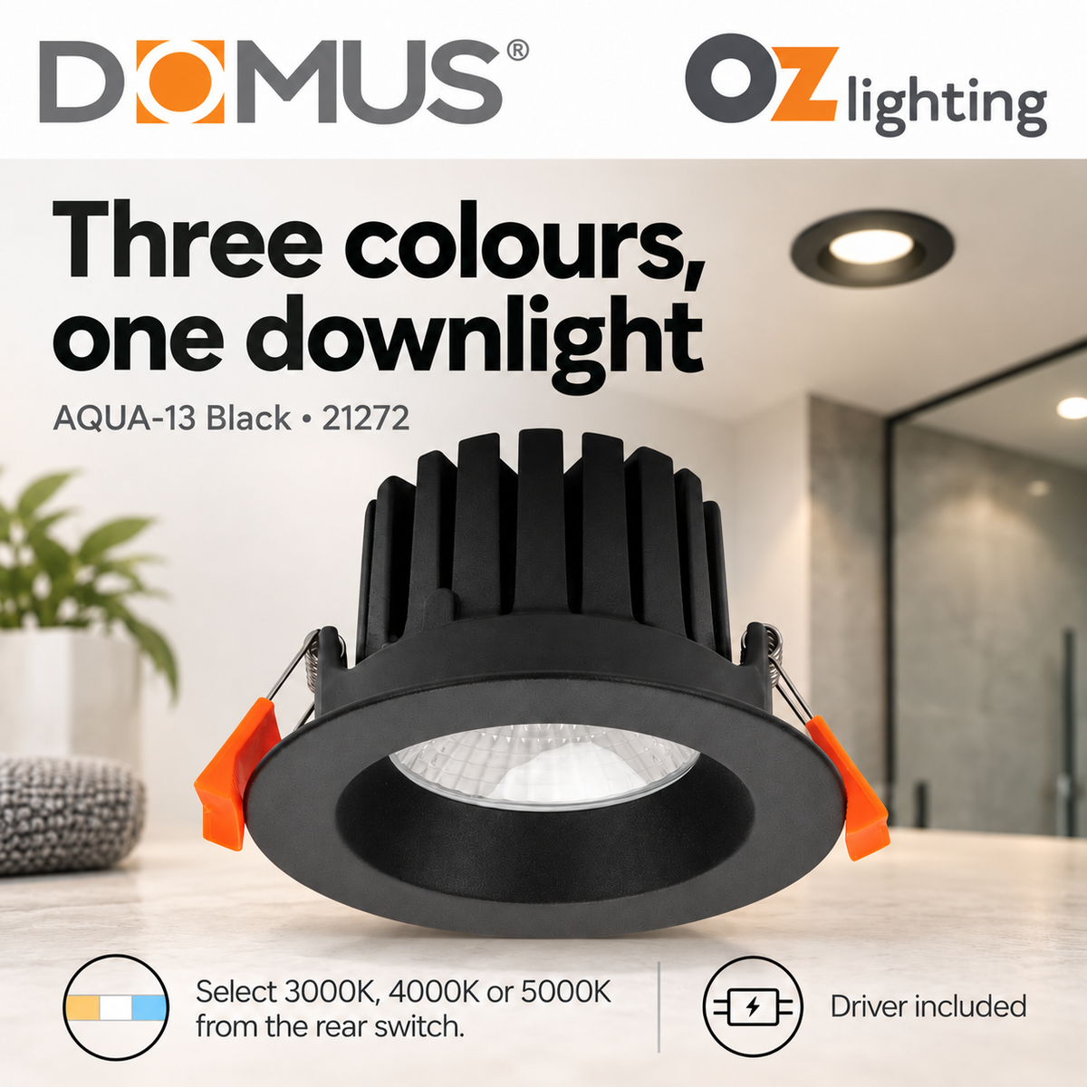 Domus AQUA-13-TRIO LED Downlight - 13W, Tri-Colour, Dimmable, IP65, Deep Face-Domus Lighting-Ozlighting.com.au