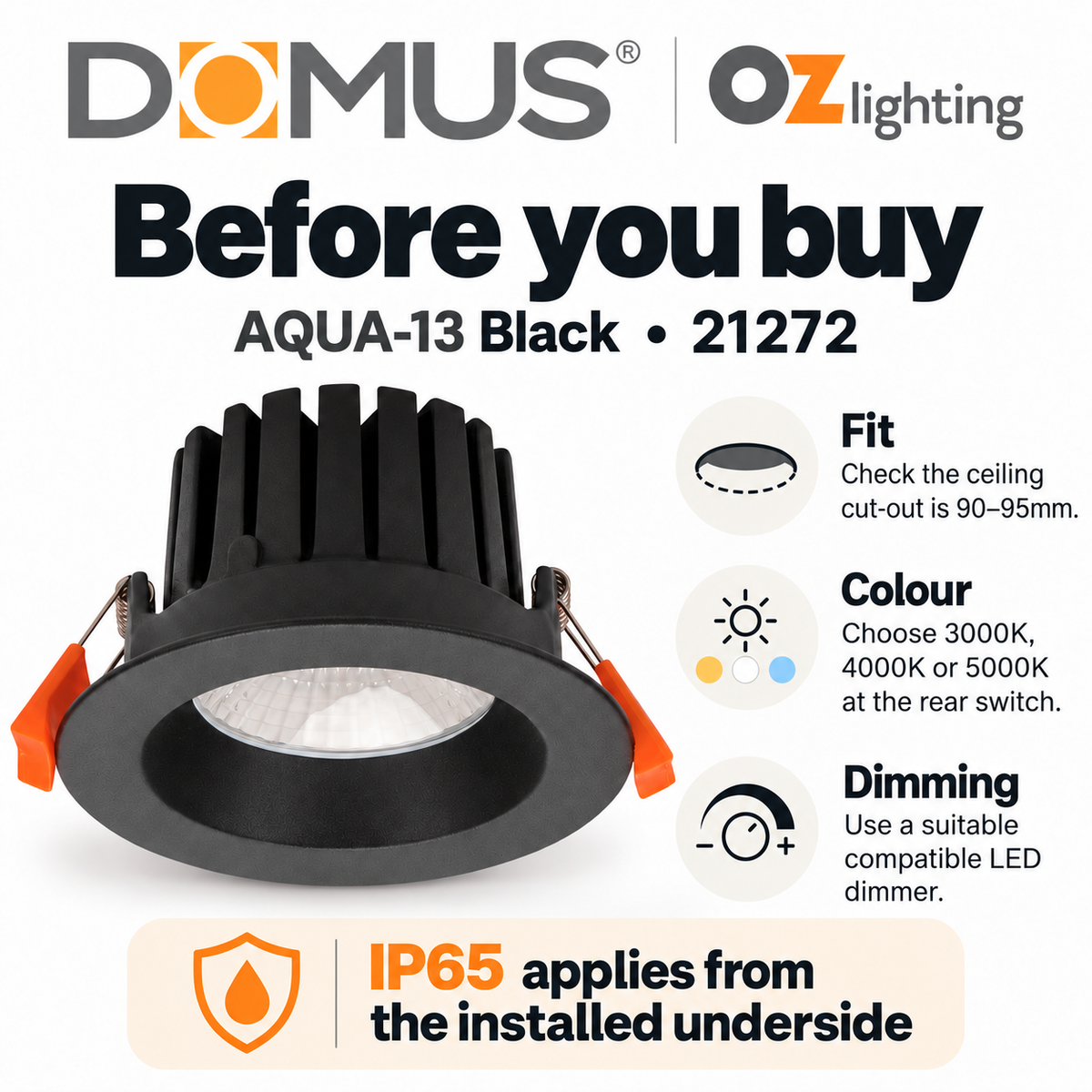 Domus AQUA-13-TRIO LED Downlight - 13W, Tri-Colour, Dimmable, IP65, Deep Face-Domus Lighting-Ozlighting.com.au