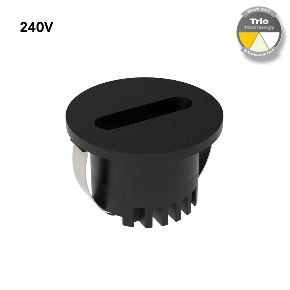 Domus AURA-240V-RND-BLK LED Step Light - 3W, 240V, Tri-Colour, IP20, Recessed, Round, 45mm, Black-Domus Lighting-Ozlighting.com.au