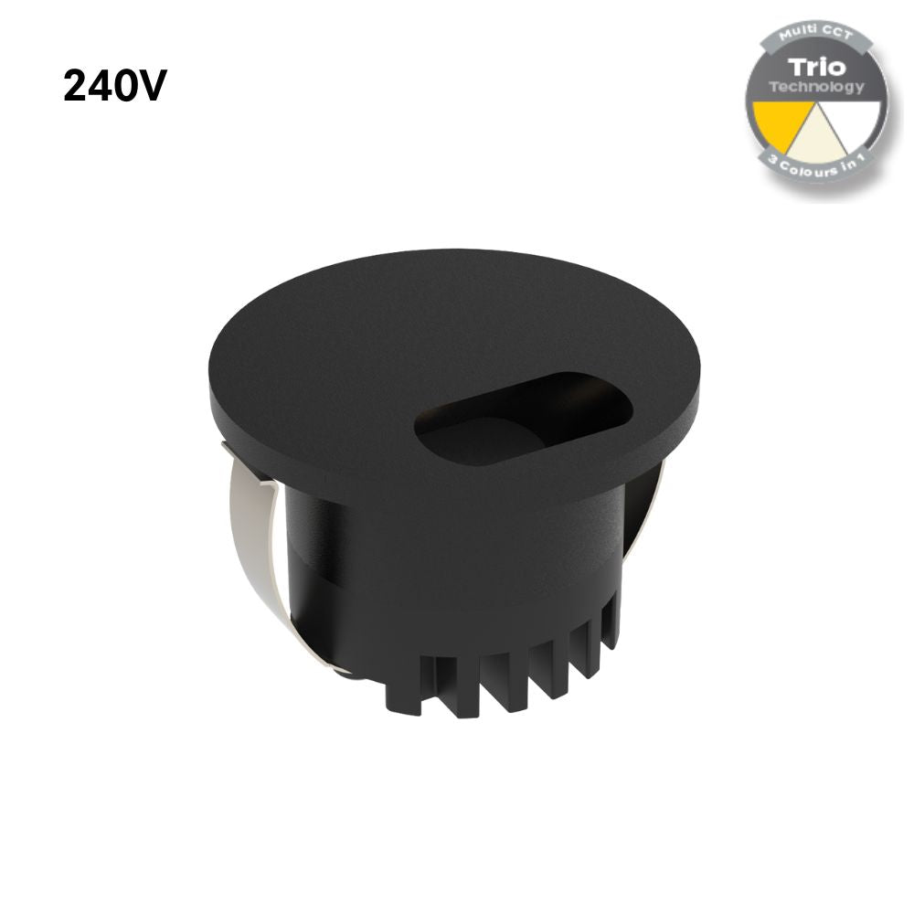 Domus AURA-240V-RND-BLK LED Step Light - 3W, 240V, Tri-Colour, IP20, Recessed, Round, 45mm, Black-Domus Lighting-Ozlighting.com.au