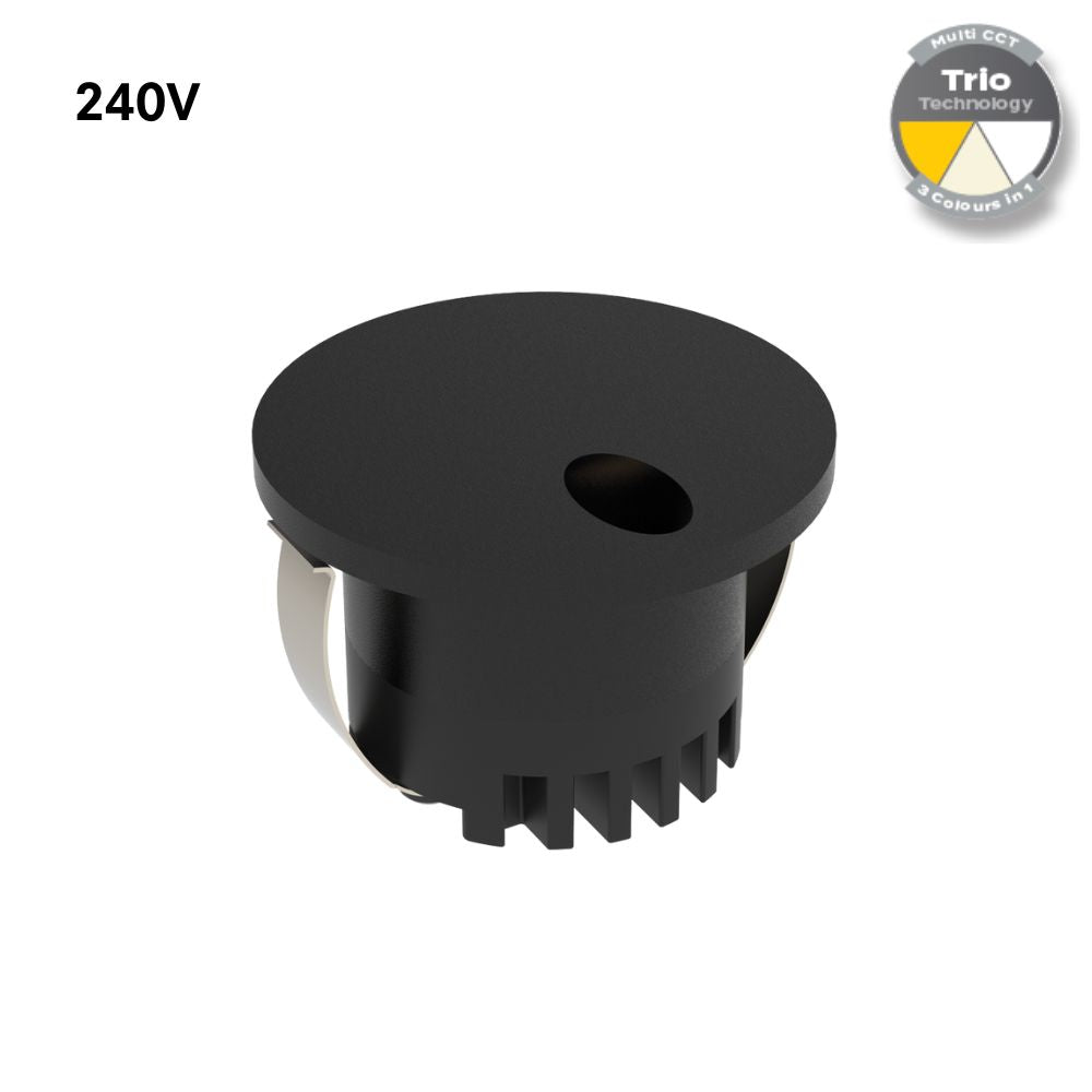 Domus AURA-240V-RND-BLK LED Step Light - 3W, 240V, Tri-Colour, IP20, Recessed, Round, 45mm, Black-Domus Lighting-Ozlighting.com.au