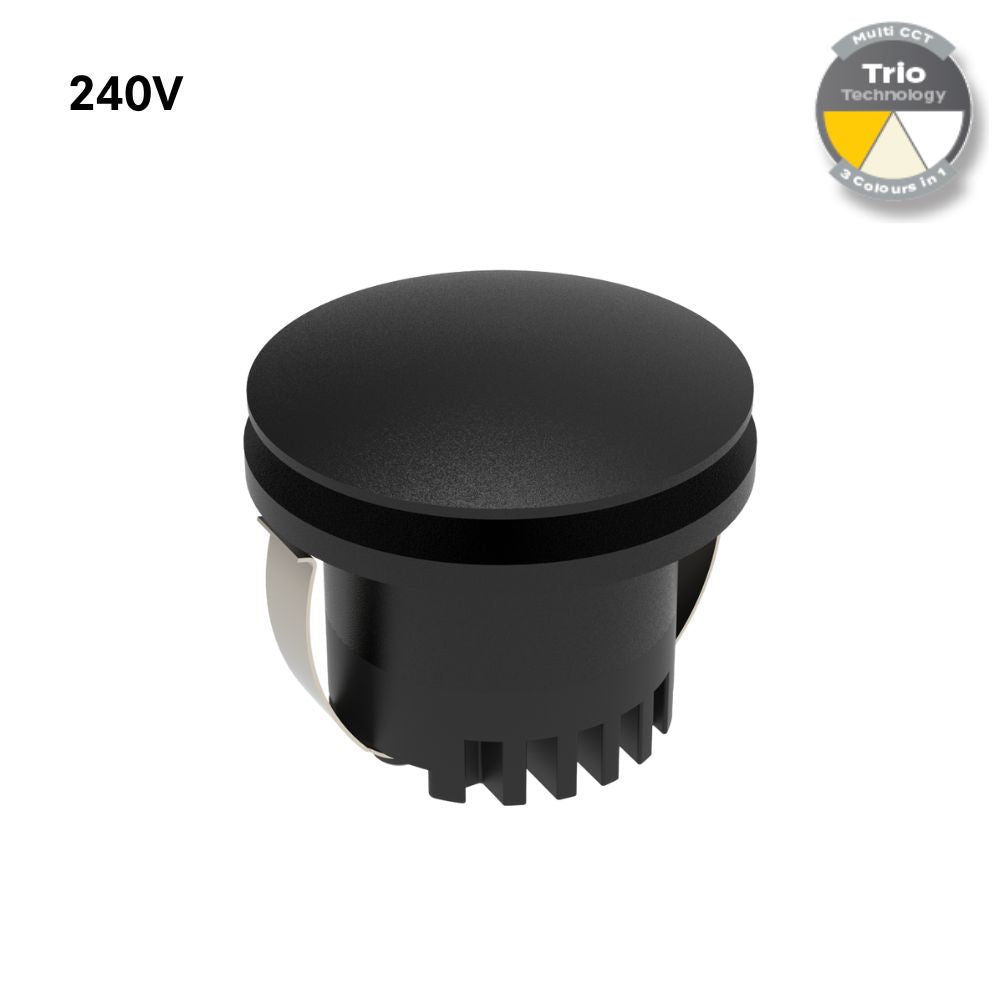 Domus AURA-240V-RND-BLK LED Step Light - 3W, 240V, Tri-Colour, IP20, Recessed, Round, 45mm, Black-Domus Lighting-Ozlighting.com.au