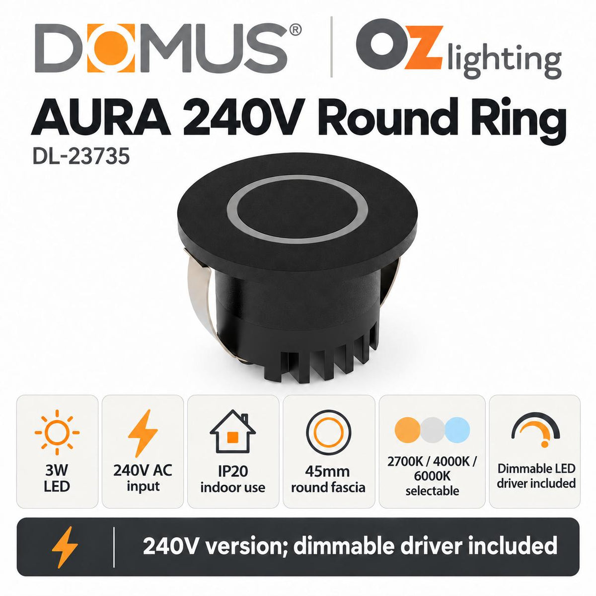 Domus AURA-240V-RND-BLK LED Step Light - 3W, 240V, Tri-Colour, IP20, Recessed, Round, 45mm, Black-Domus Lighting-Ozlighting.com.au