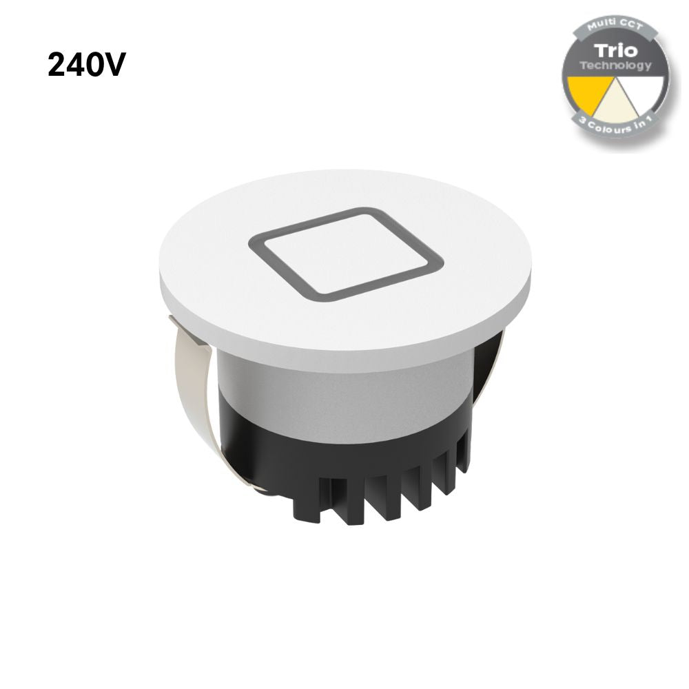 Domus AURA-240V-RND-WHT LED Step Light - 3W, 240V, Tri-Colour, IP20, Recessed, Round, 45mm, White-Domus Lighting-Ozlighting.com.au