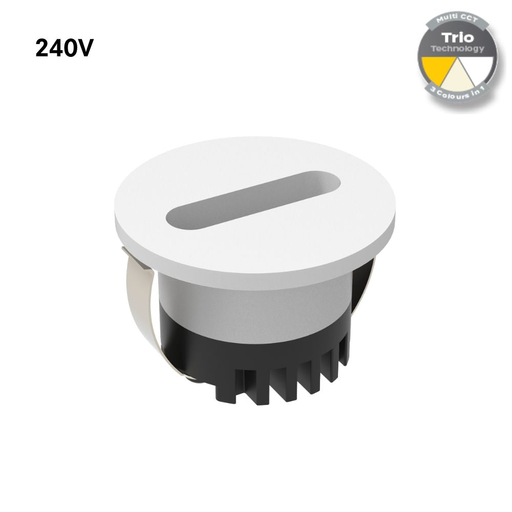 Domus AURA-240V-RND-WHT LED Step Light - 3W, 240V, Tri-Colour, IP20, Recessed, Round, 45mm, White-Domus Lighting-Ozlighting.com.au