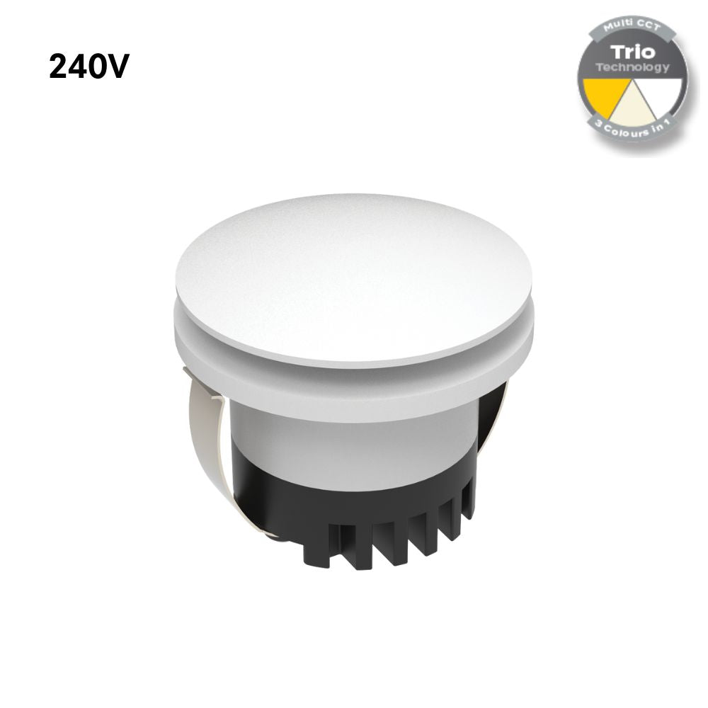 Domus AURA-240V-RND-WHT LED Step Light - 3W, 240V, Tri-Colour, IP20, Recessed, Round, 45mm, White-Domus Lighting-Ozlighting.com.au