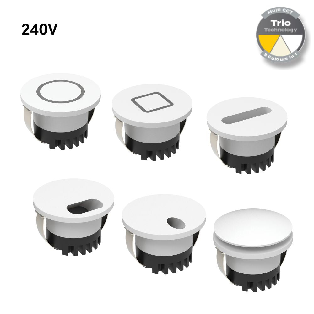 Domus AURA-240V-RND-WHT LED Step Light - 3W, 240V, Tri-Colour, IP20, Recessed, Round, 45mm, White-Domus Lighting-Ozlighting.com.au
