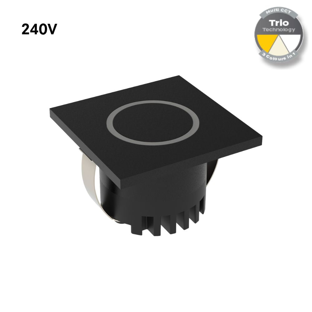 Domus AURA-240V-SQR-BLK LED Step Light - 3W, 240V, Tri-Colour, IP20, Recessed, Square, 45mm, Black-Domus Lighting-Ozlighting.com.au