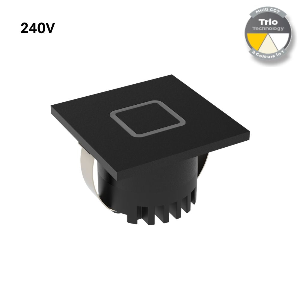 Domus AURA-240V-SQR-BLK LED Step Light - 3W, 240V, Tri-Colour, IP20, Recessed, Square, 45mm, Black-Domus Lighting-Ozlighting.com.au