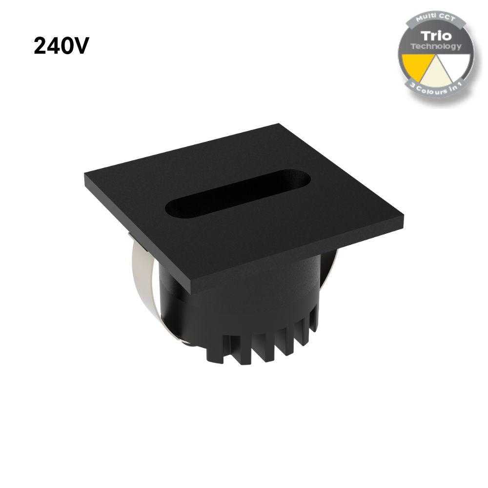Domus AURA-240V-SQR-BLK LED Step Light - 3W, 240V, Tri-Colour, IP20, Recessed, Square, 45mm, Black-Domus Lighting-Ozlighting.com.au