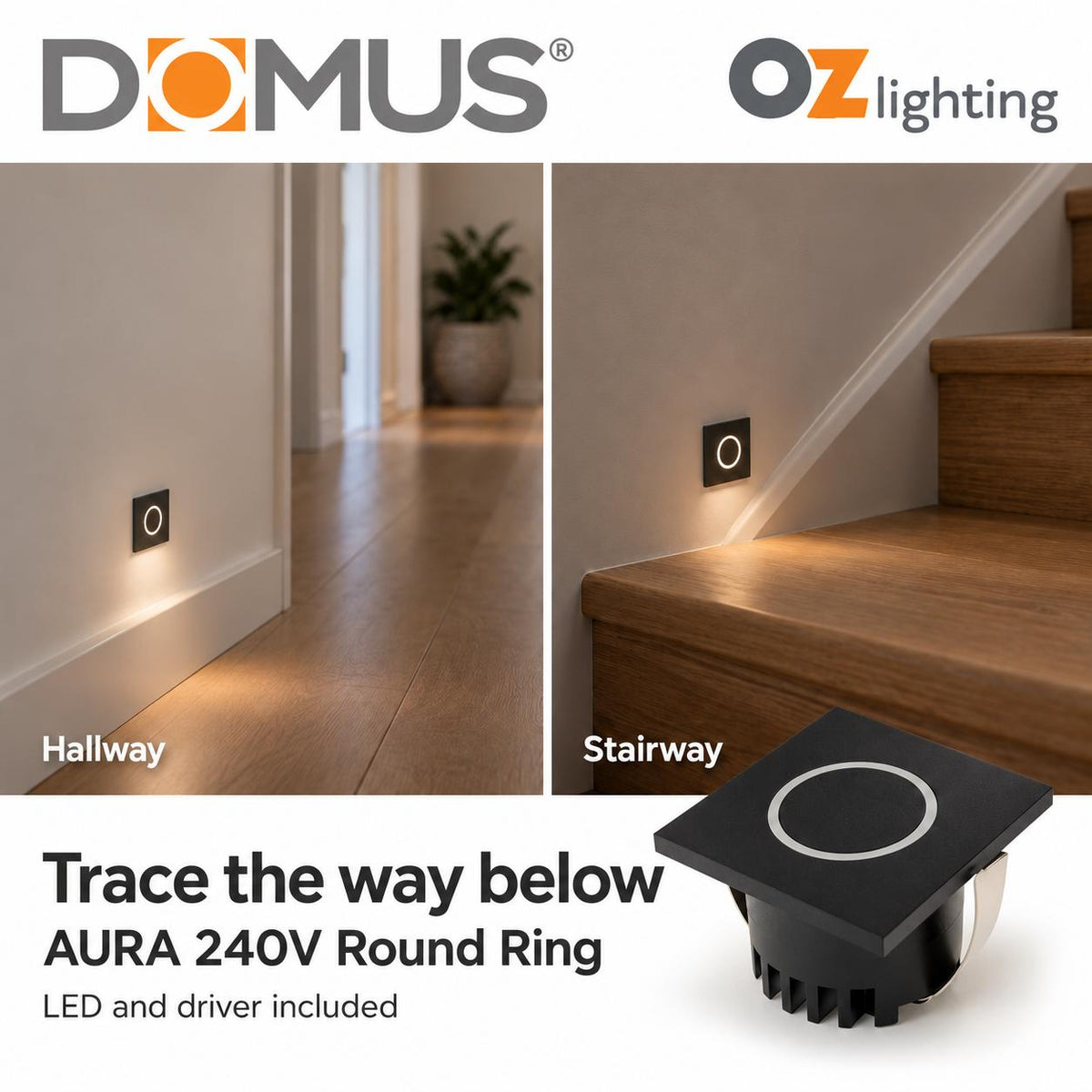 Domus AURA-240V-SQR-BLK LED Step Light - 3W, 240V, Tri-Colour, IP20, Recessed, Square, 45mm, Black-Domus Lighting-Ozlighting.com.au