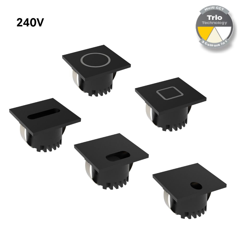 Domus AURA-240V-SQR-BLK LED Step Light - 3W, 240V, Tri-Colour, IP20, Recessed, Square, 45mm, Black-Domus Lighting-Ozlighting.com.au