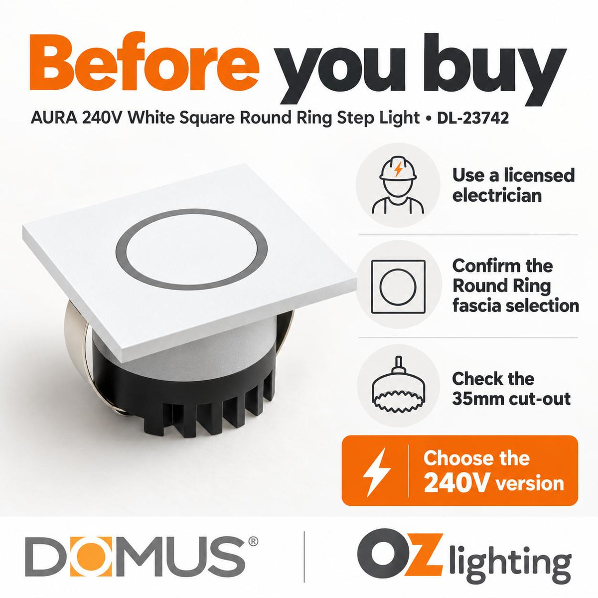 Domus AURA-240V-SQR-WHT LED Step Light - 3W, 240V, Tri-Colour, IP20, Recessed, Square, 45mm, White-Domus Lighting-Ozlighting.com.au