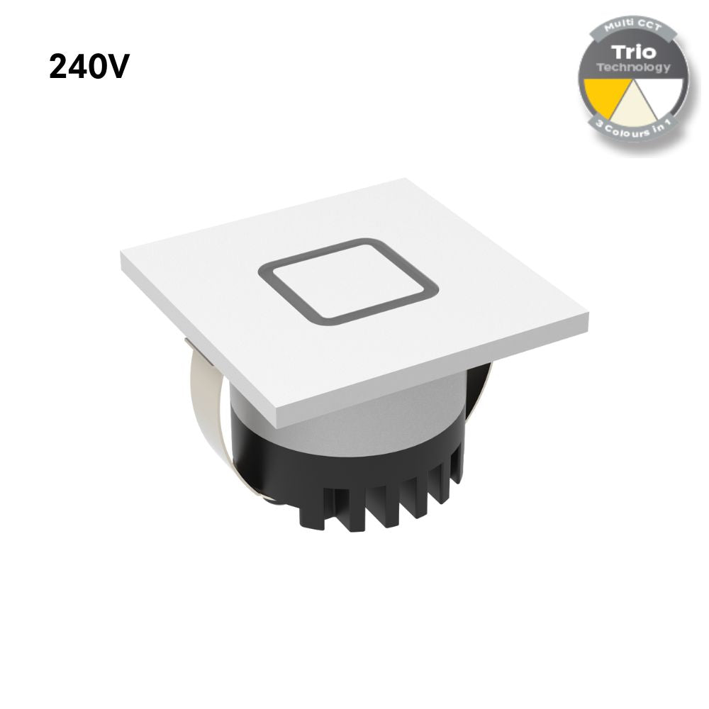 Domus AURA-240V-SQR-WHT LED Step Light - 3W, 240V, Tri-Colour, IP20, Recessed, Square, 45mm, White-Domus Lighting-Ozlighting.com.au