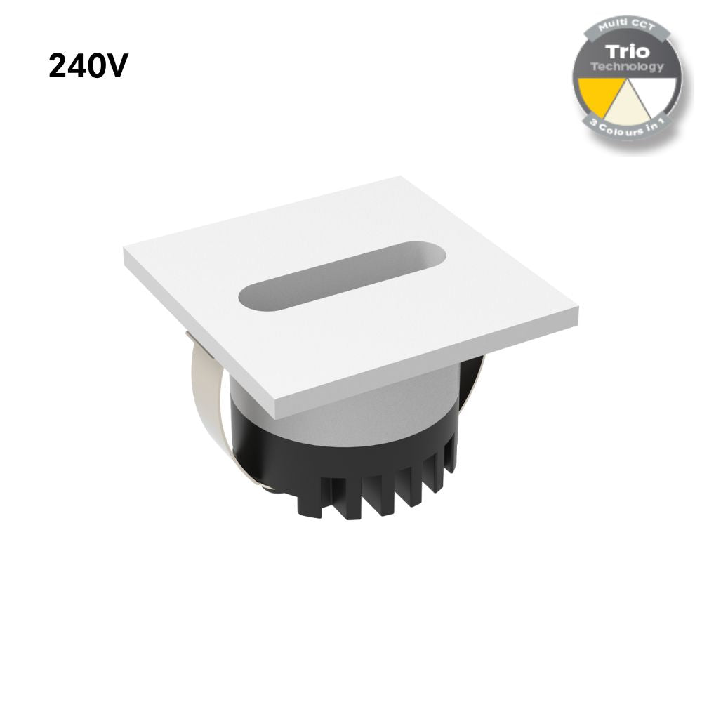Domus AURA-240V-SQR-WHT LED Step Light - 3W, 240V, Tri-Colour, IP20, Recessed, Square, 45mm, White-Domus Lighting-Ozlighting.com.au