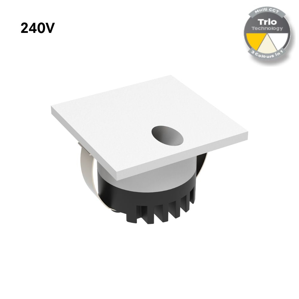 Domus AURA-240V-SQR-WHT LED Step Light - 3W, 240V, Tri-Colour, IP20, Recessed, Square, 45mm, White-Domus Lighting-Ozlighting.com.au