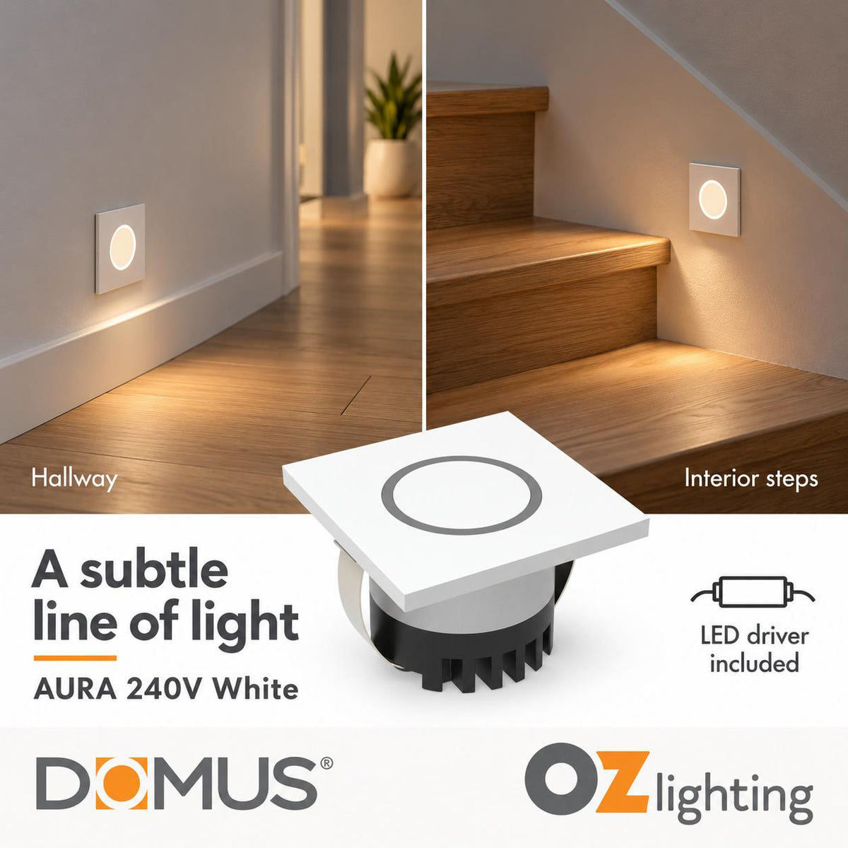 Domus AURA-240V-SQR-WHT LED Step Light - 3W, 240V, Tri-Colour, IP20, Recessed, Square, 45mm, White-Domus Lighting-Ozlighting.com.au