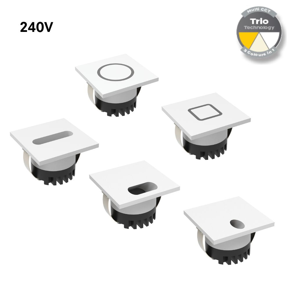 Domus AURA-240V-SQR-WHT LED Step Light - 3W, 240V, Tri-Colour, IP20, Recessed, Square, 45mm, White-Domus Lighting-Ozlighting.com.au